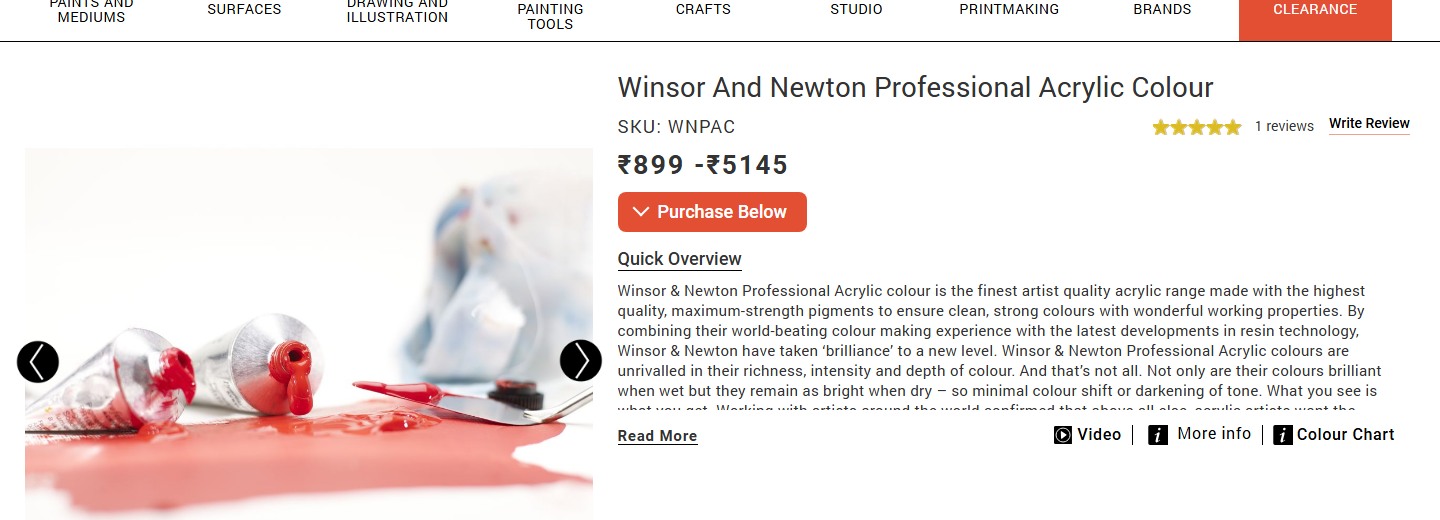 Product info column showing price range without MRP label